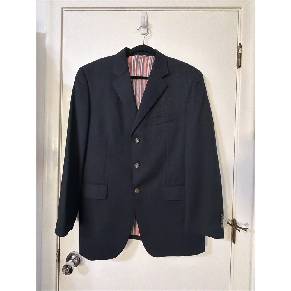Sean John Blazer Jacket Mens 41R Solid Navy Blue  100% Wool Stripe Line